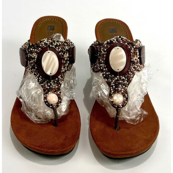 White Mountain Beaded Wedge Thong Sandals Women's 8.5 M Boho Flip Flops Festival - Picture 5 of 14